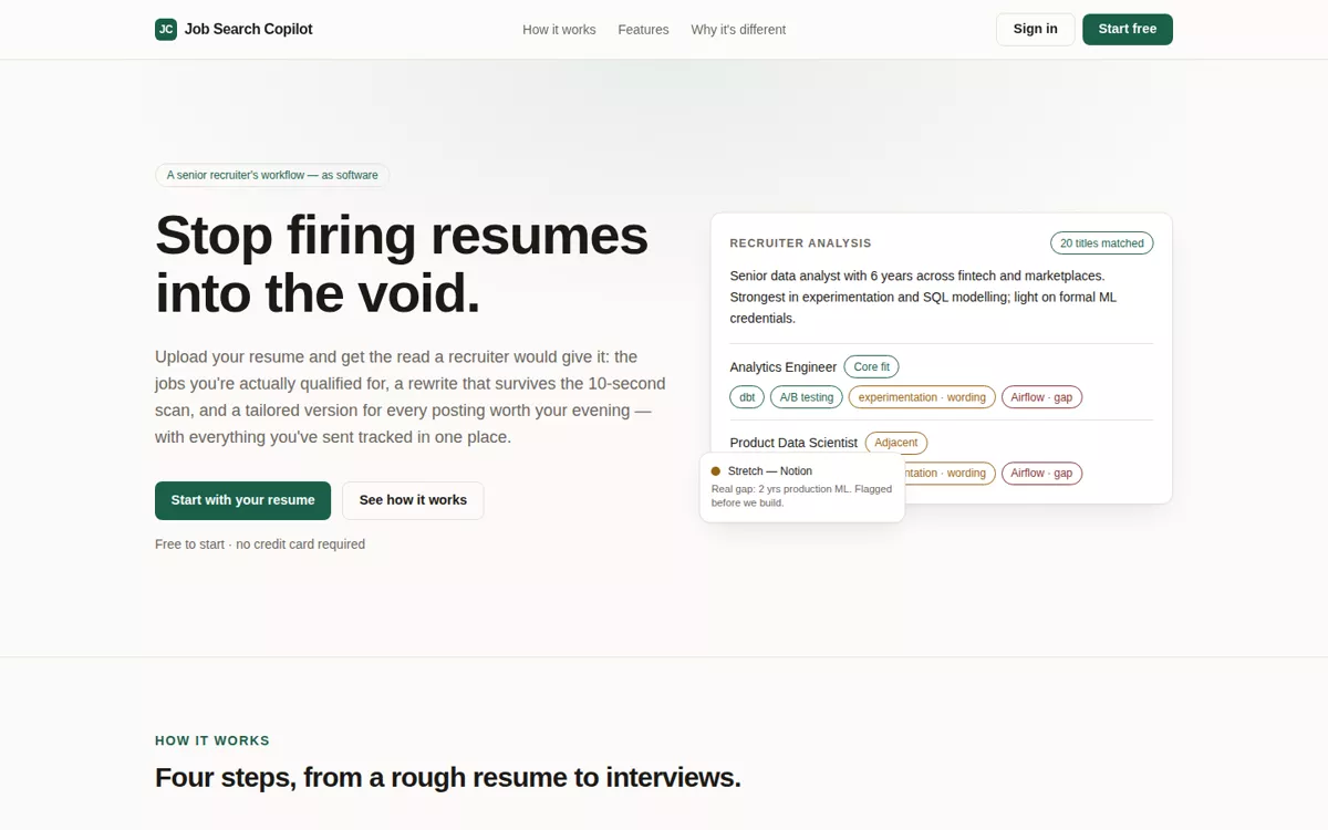 Job Search Copilot homepage: "Stop firing resumes into the void" next to a sample recruiter analysis